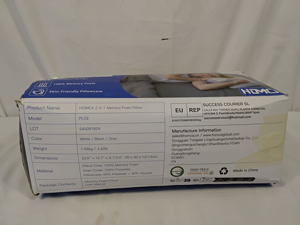 HOMCA PL02 Cuscino Cervicale 2 in 1 | Memory Foam | 60×40×12/14 cm | Nuovo