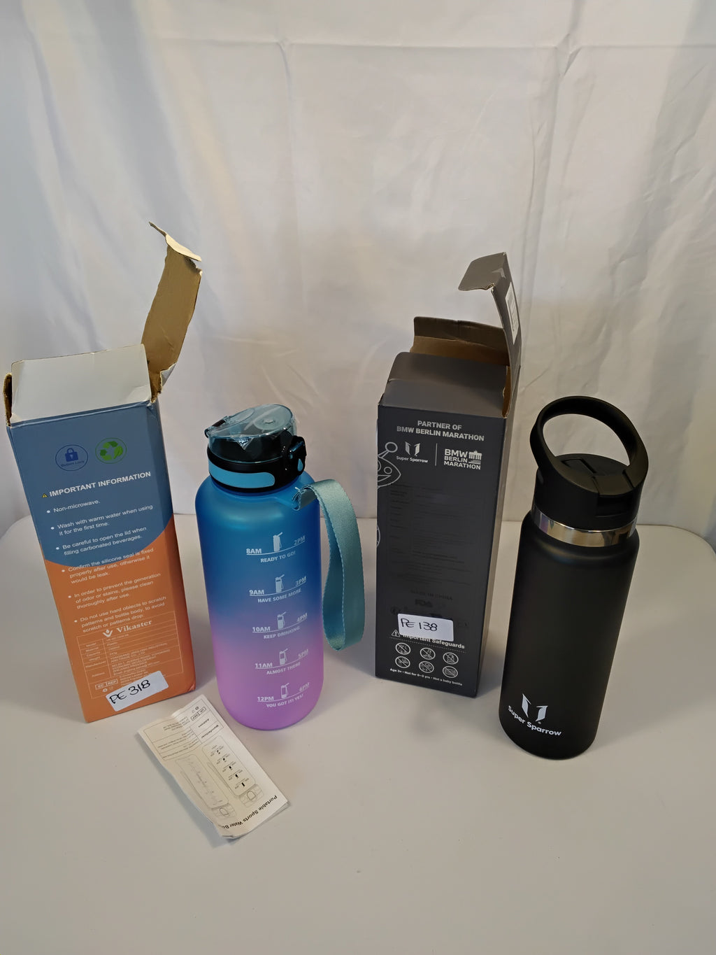 SET 2 BORRACCE MOTIVAZIONALI E THERMOS: VIKASTER BORRACCIA MOTIVAZIONALE 2 LITER GRADIENTE + SUPER SPARROW BORRACCIA TERMICA IN ACCIAIO INOX NERA, NUOVE
