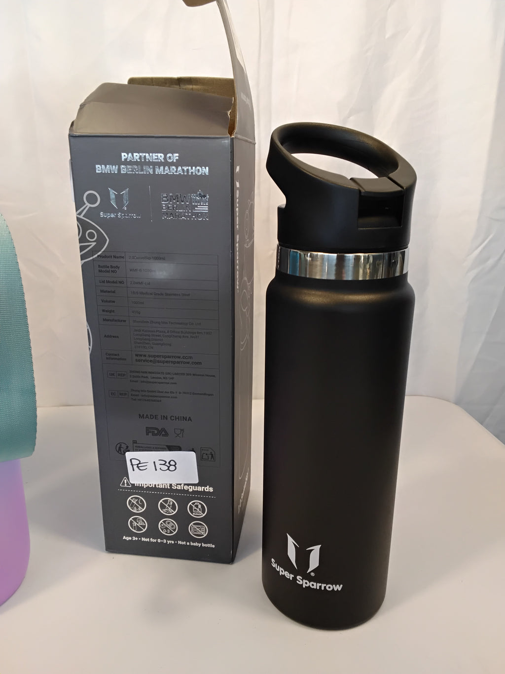 SET 2 BORRACCE MOTIVAZIONALI E THERMOS: VIKASTER BORRACCIA MOTIVAZIONALE 2 LITER GRADIENTE + SUPER SPARROW BORRACCIA TERMICA IN ACCIAIO INOX NERA, NUOVE