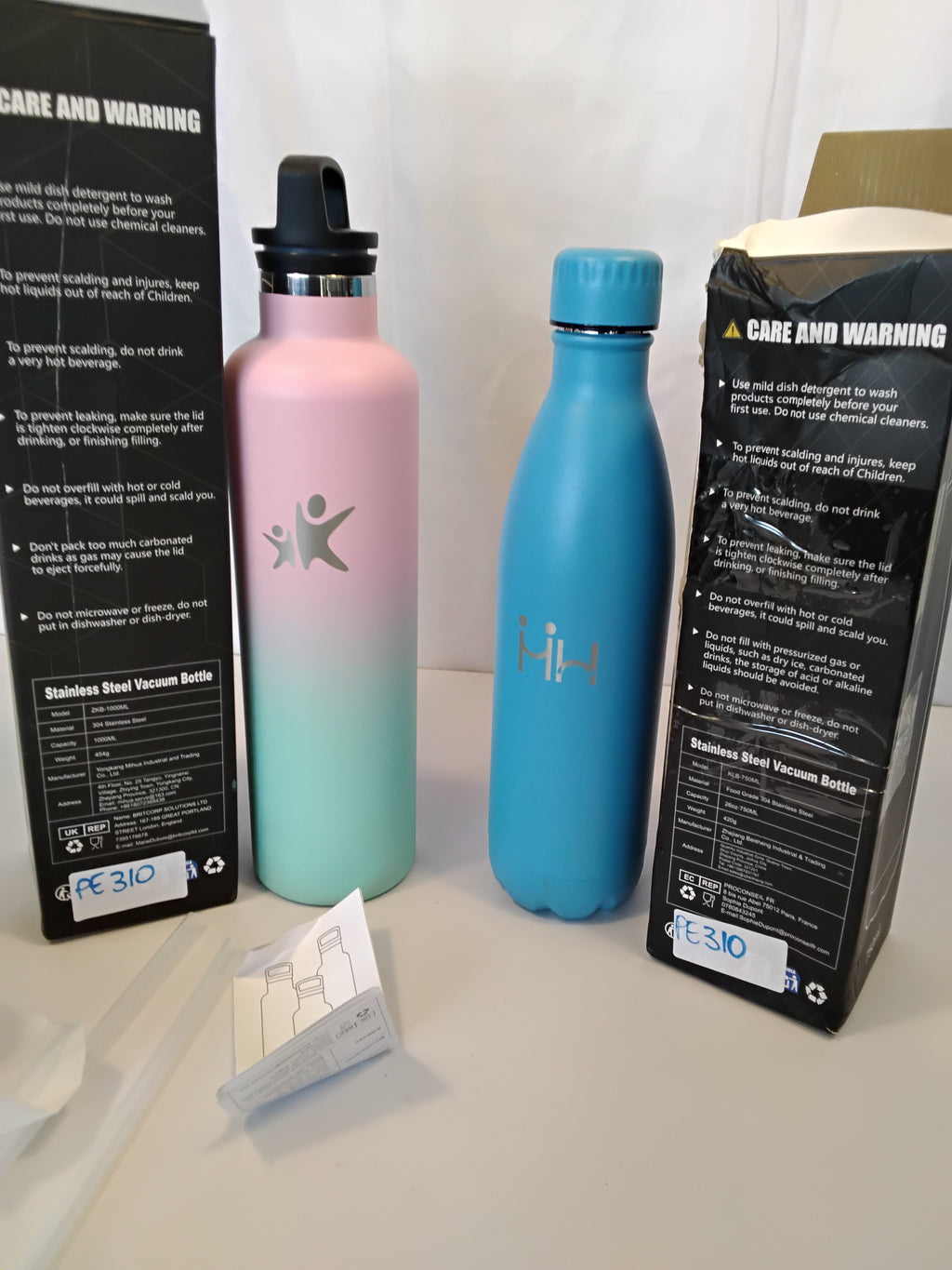 SET 2 BORRACCE TERMICHE IN ACCIAIO INOX: BORRACCIA SFUMATA 1000 ML CON CANNUCCIA E TAPPO DI RICAMBIO + BORRACCIA AZZURRA 750 ML, NUOVE