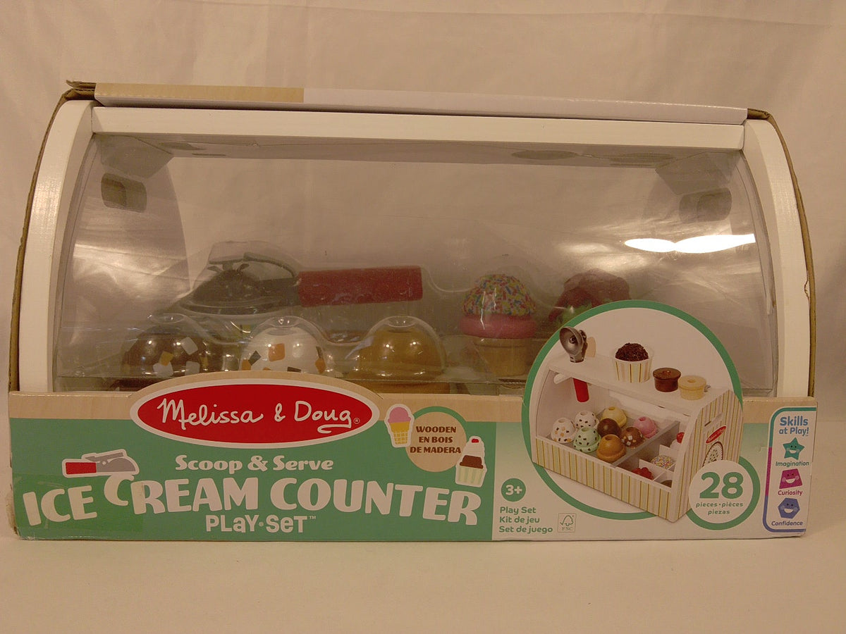 🍦 Melissa & Doug Scoop Serve Ice Cream Counter, banco gelateria in legno da 28 pezzi, per bambini dai 3 anni.Nuovo