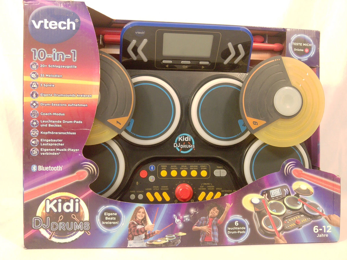 🥁 VTech Kidi DJ Drums, batteria elettronica interattiva per bambini 6+, con pad luminosi, piatti, Bluetooth e microfono integrato.Nuovo