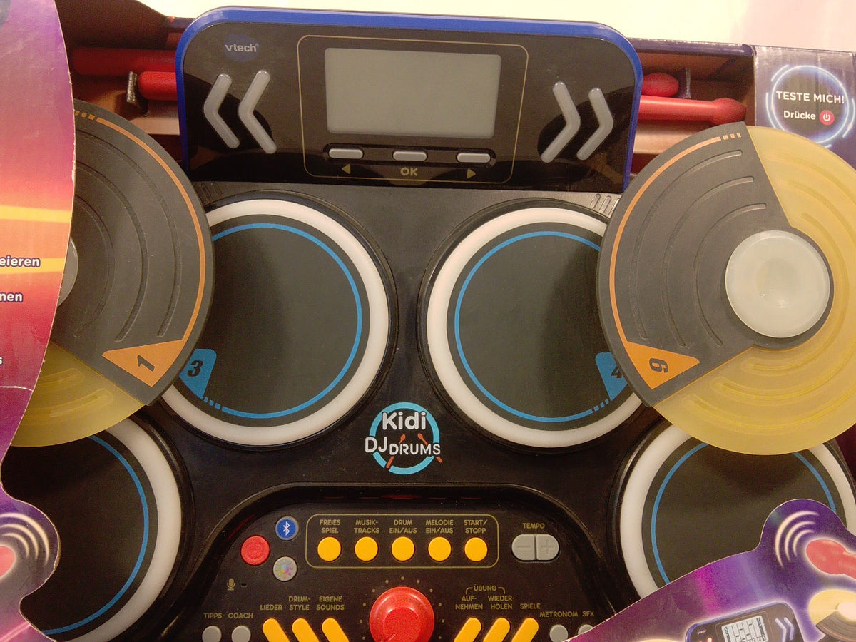🥁 VTech Kidi DJ Drums, batteria elettronica interattiva per bambini 6+, con pad luminosi, piatti, Bluetooth e microfono integrato.Nuovo