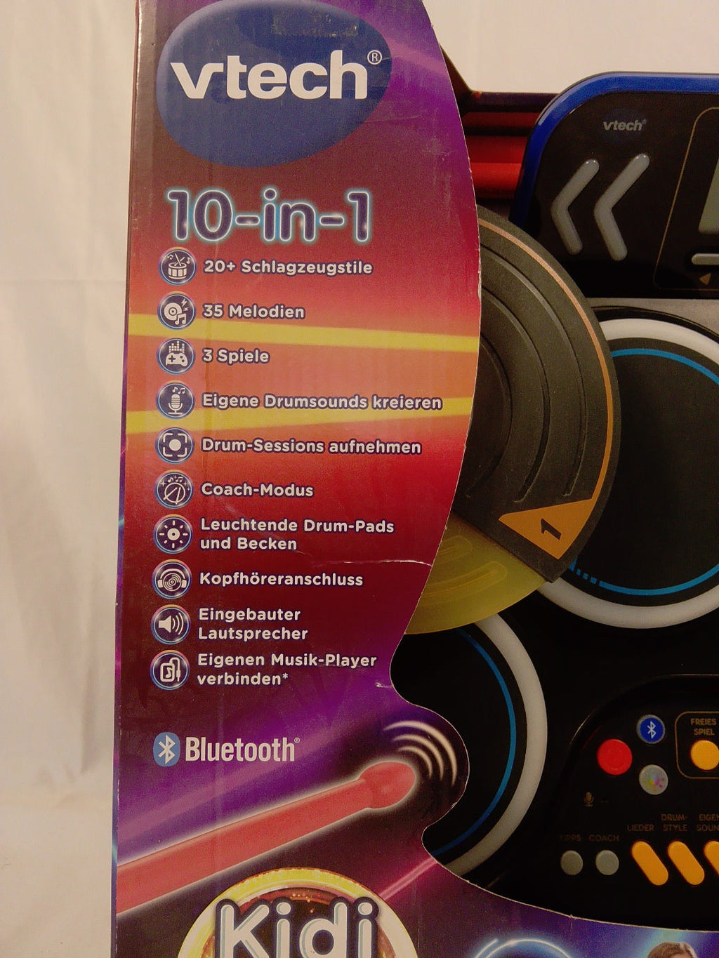 🥁 VTech Kidi DJ Drums, batteria elettronica interattiva per bambini 6+, con pad luminosi, piatti, Bluetooth e microfono integrato.Nuovo