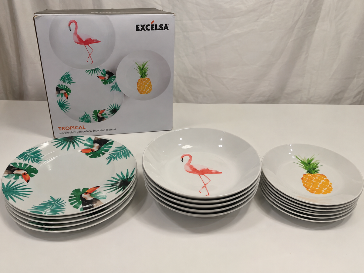 🍍 EXCELSA TROPICAL, SERVIZIO PIATTI IN PORCELLANA, 18 PEZZI, 6 PERSONE, NUOVO