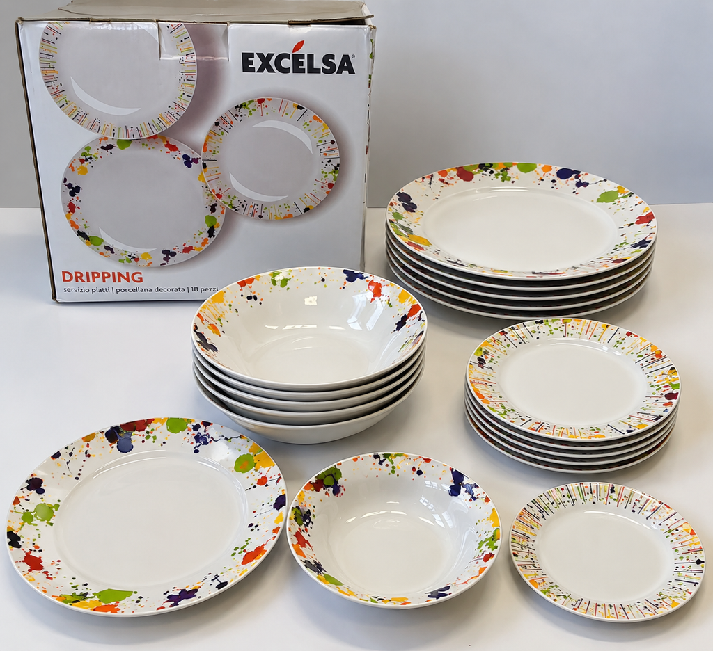 🍽️ EXCELSA DRIPPING, SERVIZIO PIATTI IN PORCELLANA, 18 PEZZI, MULTICOLORE, NUOVO