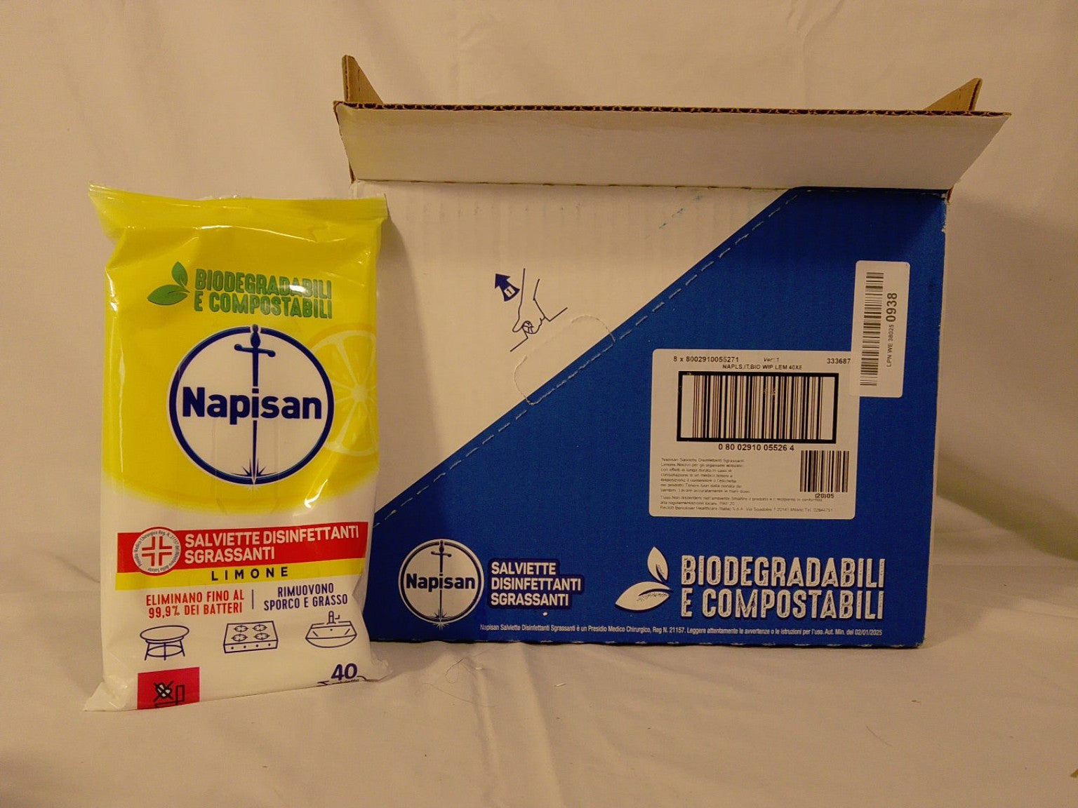 Napisan Salviette Disinfettanti Sgrassanti Limone | Lotto 8 Confezioni x 40 Salviette | Totale 320 Salviette | Biodegradabili e Compostabili