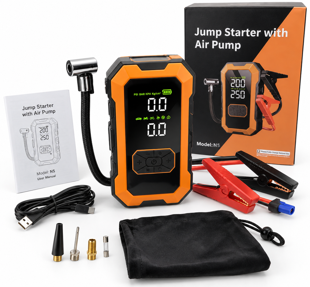 🔋 JUMP STARTER N5 CON COMPRESSORE D'ARIA, AVVIATORE AUTO, POMPA PORTATILE, 150 PSI, USB, LED, NUOVO