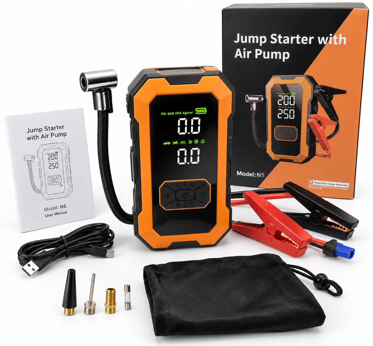 🔋 JUMP STARTER N5 CON COMPRESSORE D'ARIA, AVVIATORE AUTO, POMPA PORTATILE, 150 PSI, USB, LED, NUOVO