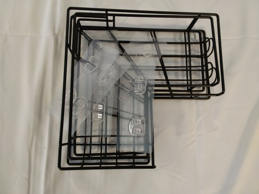 Set 2 Mensole Angolari da Parete in Metallo Nero con Ganci | Montaggio Adesivo | Nuovo