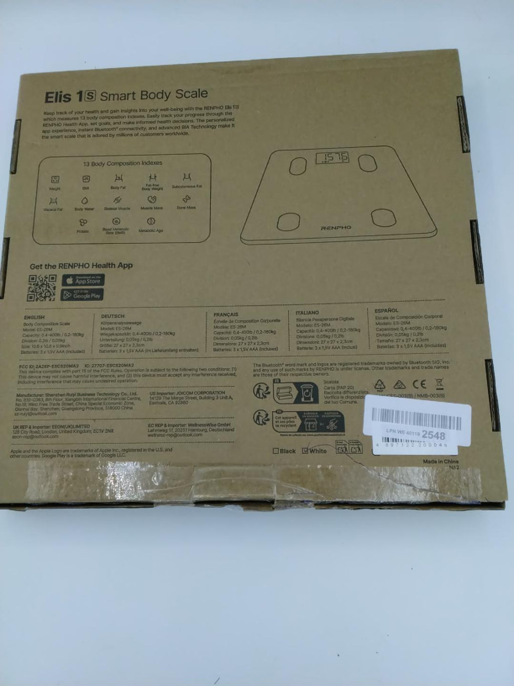 RENPHO Elis 1S Bilancia Pesapersone Smart Bluetooth | Bianca | Nuova
