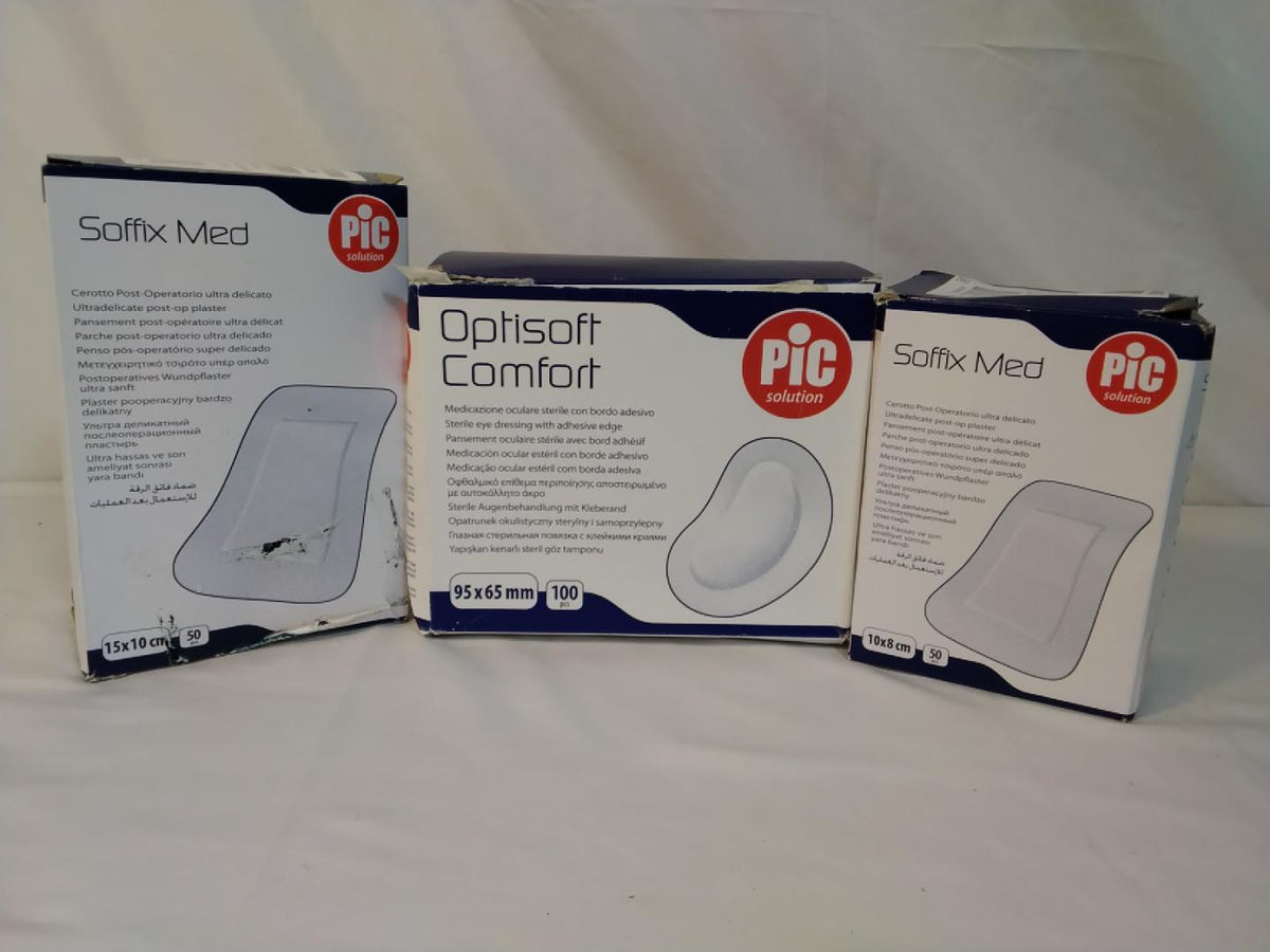 PIC Solution Combo Medicazioni Soffix Med + Optisoft Comfort | 188 Pezzi Totali&nbsp;  48 Soffix Med 15×10 cm• 100 Optisoft Comfort 95×65 mm per medicazione oculare  • 40 Soffix Med 10×8 cm
