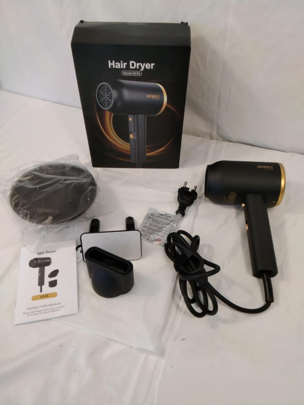 DEWILY 9246 Asciugacapelli Ionico 1800W Nero e Oro con Diffusore, Concentratore e Supporto | Nuovo