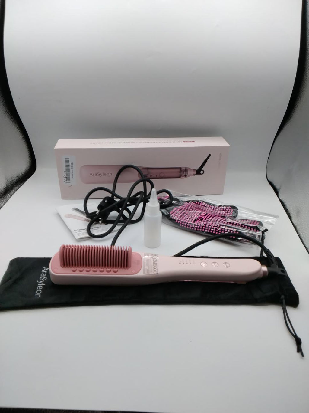 💇‍♀️ARASYLEON SPAZZOLA LISCIANTE A VAPORE ROSA, 4 LIVELLI DI TEMPERATURA 150-210°C, RISCALDAMENTO RAPIDO 30 SEC, PIASTRE IN CERAMICA, HYDRO-INFUSION, AUTOSPEGNIMENTO 30 MIN, GUANTI, SPAZZOLA E BORSA, NUOVA