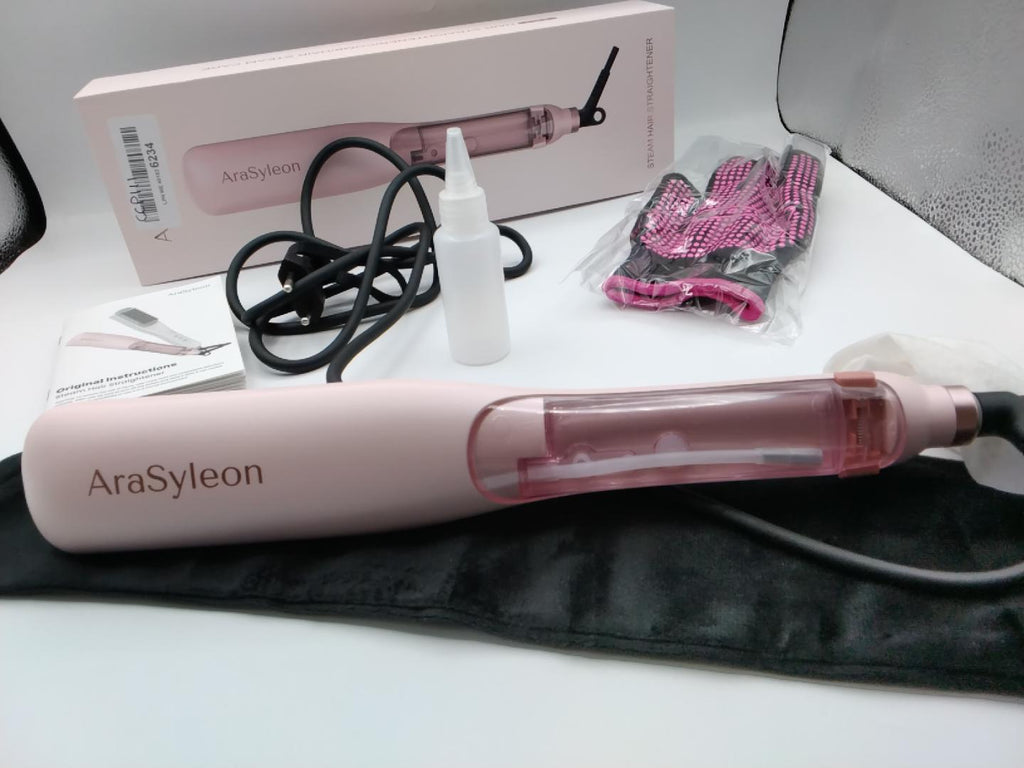 💇‍♀️ARASYLEON SPAZZOLA LISCIANTE A VAPORE ROSA, 4 LIVELLI DI TEMPERATURA 150-210°C, RISCALDAMENTO RAPIDO 30 SEC, PIASTRE IN CERAMICA, HYDRO-INFUSION, AUTOSPEGNIMENTO 30 MIN, GUANTI, SPAZZOLA E BORSA, NUOVA