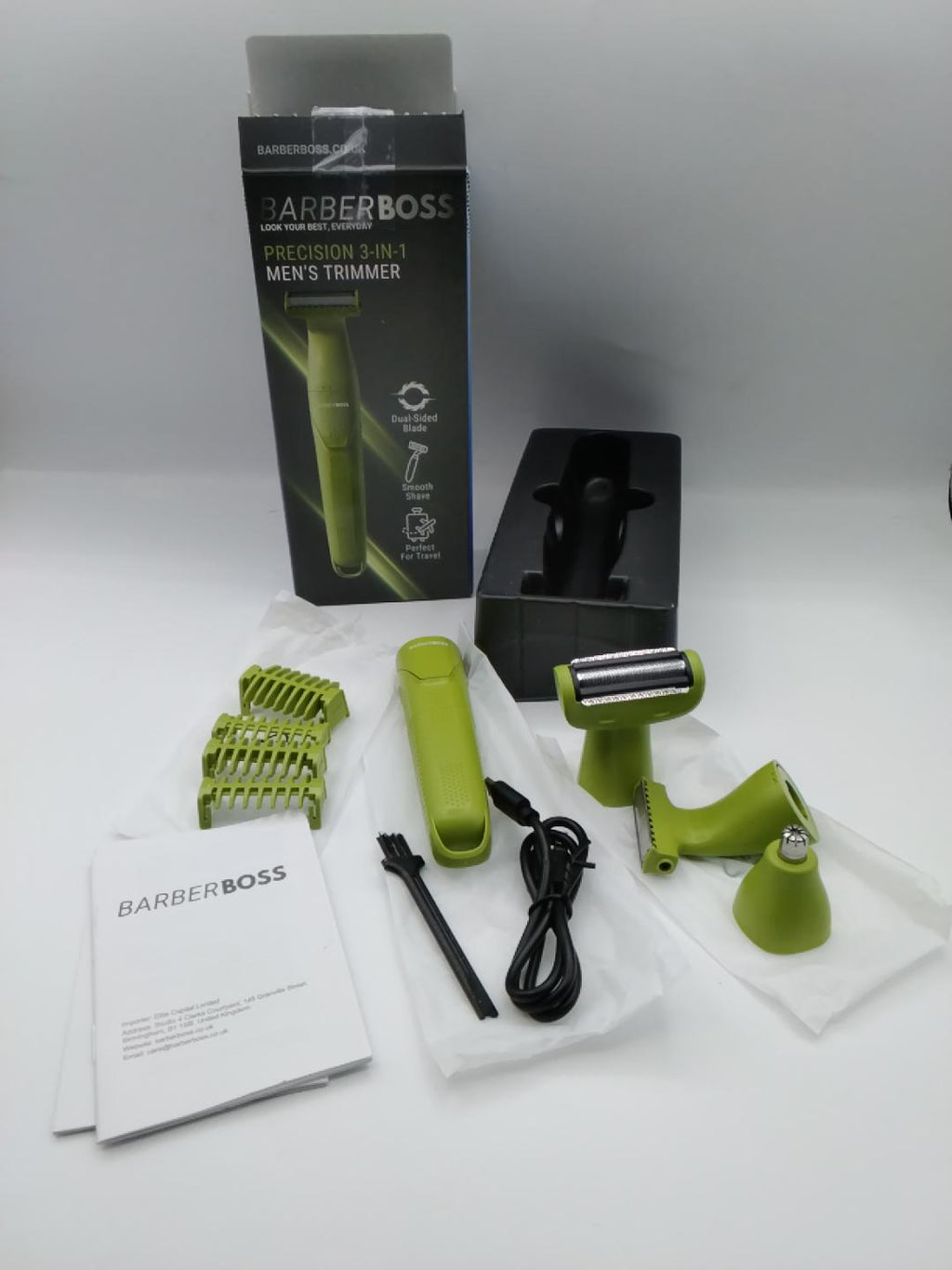 ✂️BARBERBOSS QR-2302 PRECISION 3-IN-1 MEN’S TRIMMER, RIFINITORE BARBA/CAPELLI/CORPO, TESTINA NASO E ORECCHIE, 5 PETTINI 1-7 MM, IMPERMEABILE IPX6, RICARICA USB, 90 MIN AUTONOMIA, VERDE, NUOVO