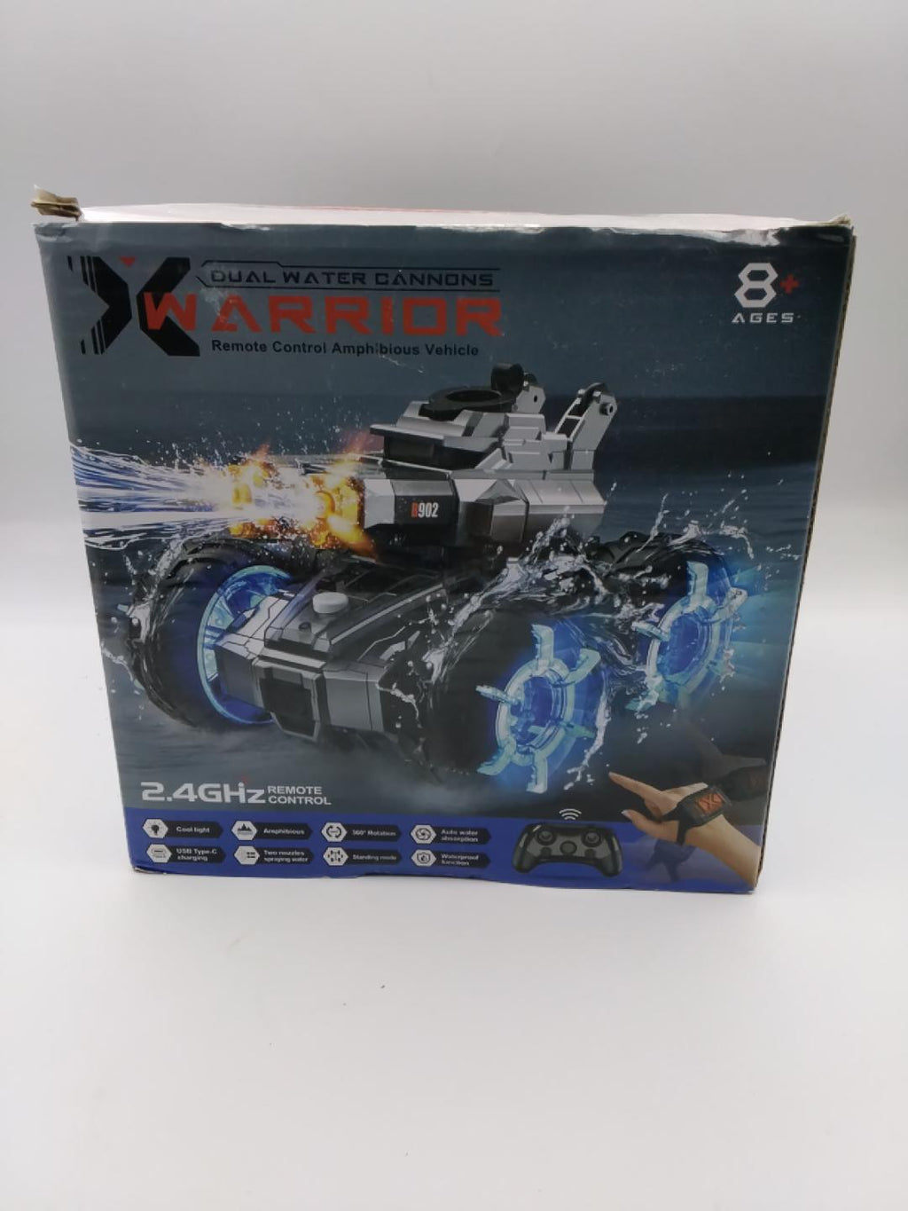 🚙X WARRIOR B902 DUAL WATER CANNONS, VEICOLO RADIOCOMANDATO ANFIBIO, 2.4 GHz, 360°, CANNONI AD ACQUA, LUCI LED, USB-C, BATTERIA RICARICABILE, 8+ ANNI, NUOVO