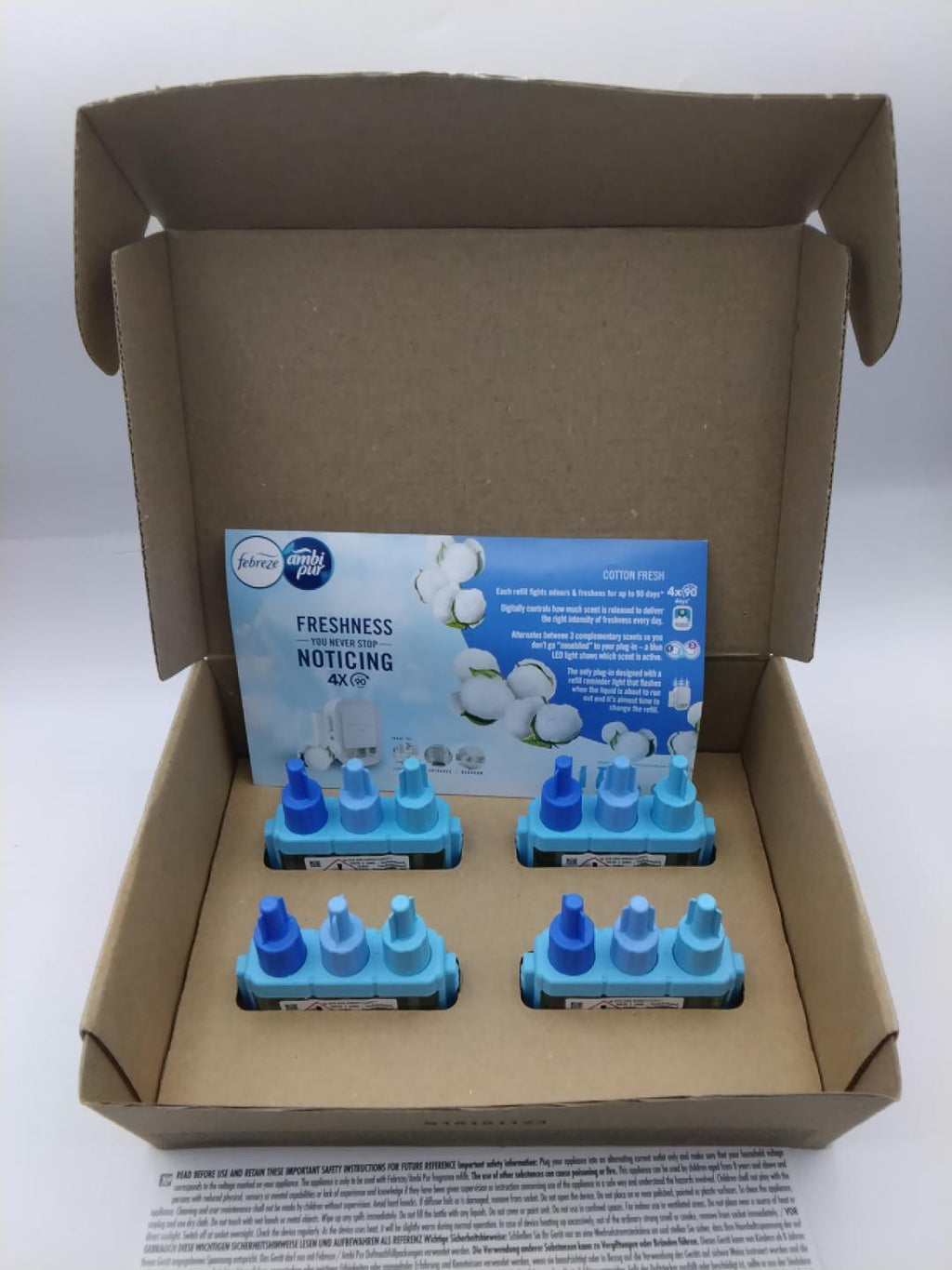 🌸FEBREZE AMBI PUR 3VOLUTION COTTON FRESH, 4 RICARICHE DA 20 ML, 3 FRAGRANZE ALTERNATE, TECNOLOGIA ODOURCLEAR, FINO A 90 GIORNI, NUOVO