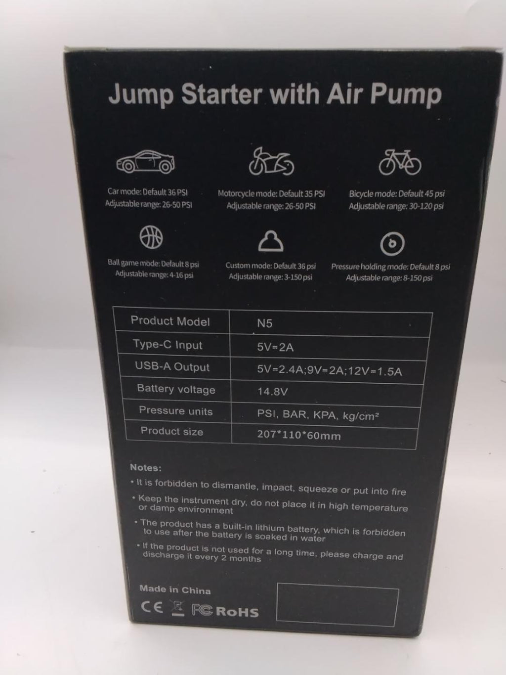 🔋 JUMP STARTER N5 CON COMPRESSORE D'ARIA, AVVIATORE AUTO, POMPA PORTATILE, 150 PSI, USB, LED, NUOVO