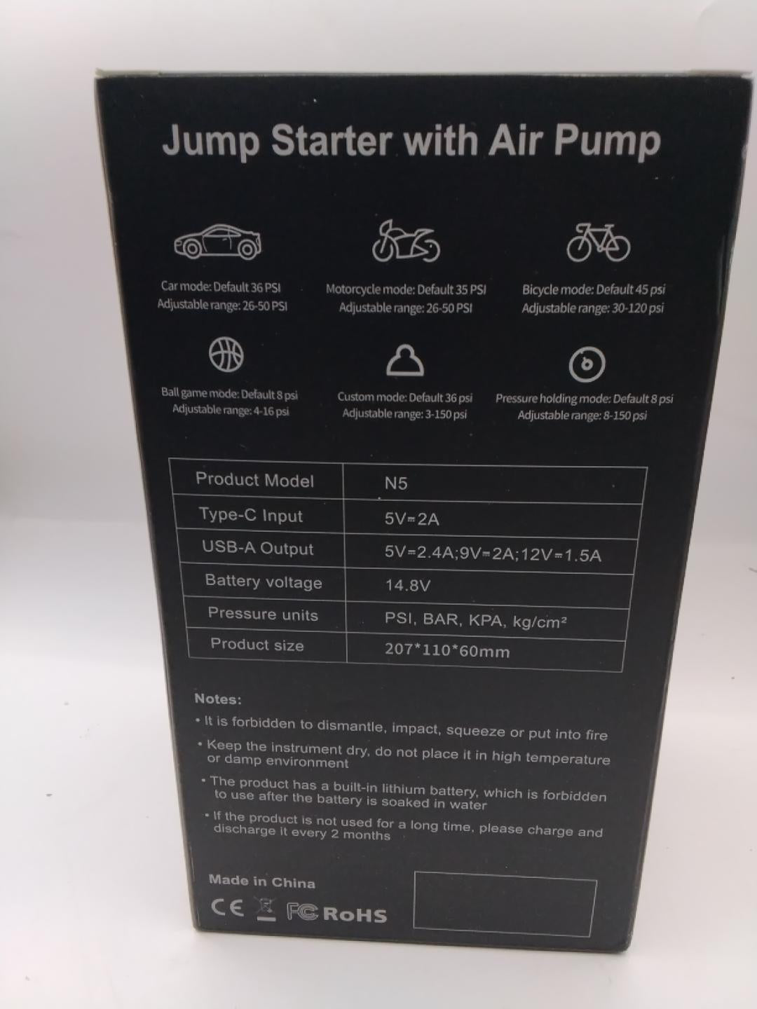 🔋 JUMP STARTER N5 CON COMPRESSORE D'ARIA, AVVIATORE AUTO, POMPA PORTATILE, 150 PSI, USB, LED, NUOVO